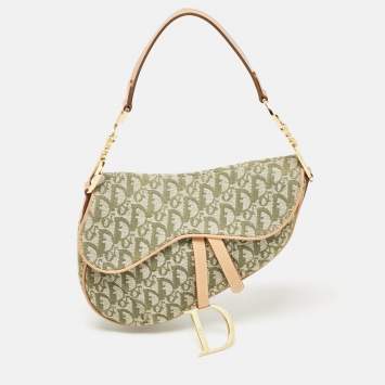 Pre Owned Dior Green/Tan Oblique Canvas Saddle Bag