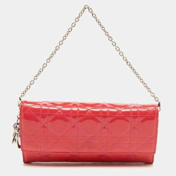 Pre Owned Dior Pink Cannage Patent Leather Lady Dior Wallet On Chain