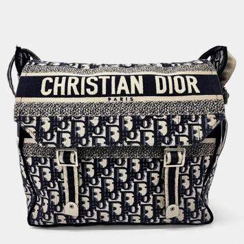 Pre Owned Dior Beige Navy Blue Canvas Oblique Diorcamp Messenger Bag