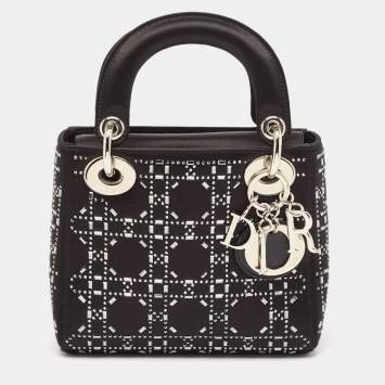 Pre Owned Dior Black Rhinestone Cannage Satin Mini Lady Dior Tote