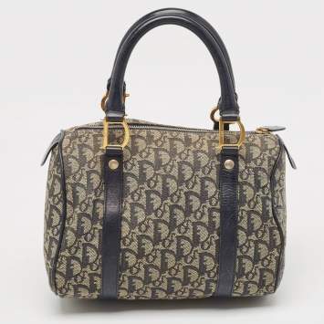 Pre Owned Dior Navy Blue Oblique Canvas and Leather Boston Bag