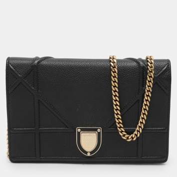 Pre Owned Dior Black Leather Diorama Wallet on Chain