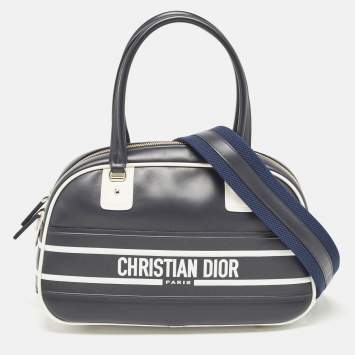 Pre Owned Dior Navy Blue/White Leather and Rubber Medium Vibe Bowler Bag