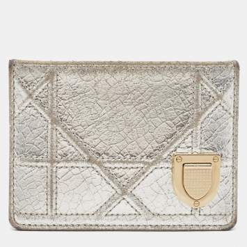 Pre Owned Dior Silver Crackled Patent Leather Diorama Card Holder 