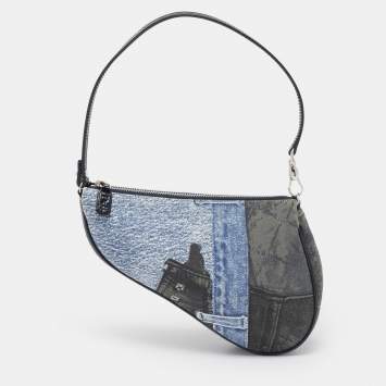 Pre Owned Dior Tricolor Denim Print Mini Saddle Bag