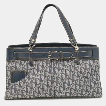 Pre Owned Dior Blue Oblique Canvas and Leather Jeans Pocket Tote