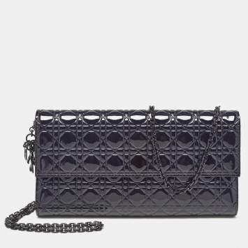 Pre Owned Dior Navy Blue Micro Cannage Patent Leather Lady Dior Chain Clutch