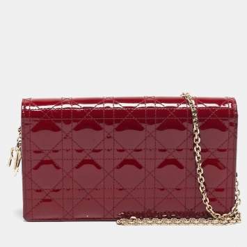 Pre Owned Dior Red Cannage Patent Leather Lady Dior Chain Pouch 