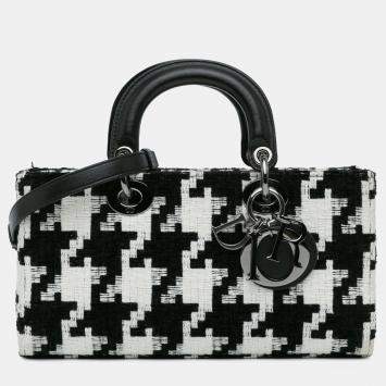 Pre Owned Dior Black White Canvas Macro Houndstooth Medium Lady D Joy Bag