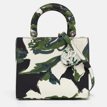 Pre Owned Dior Green Floral Graffiti Fabric Medium Lady Dior Tote