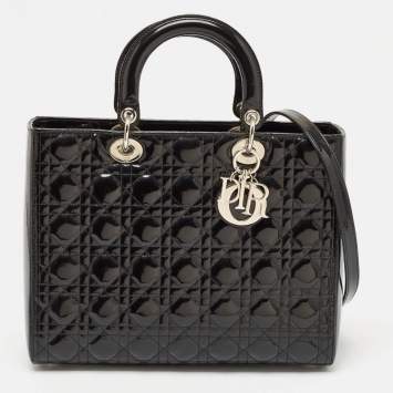 Pre Owned Dior Black Cannage Patent Leather Large Lady Dior Tote