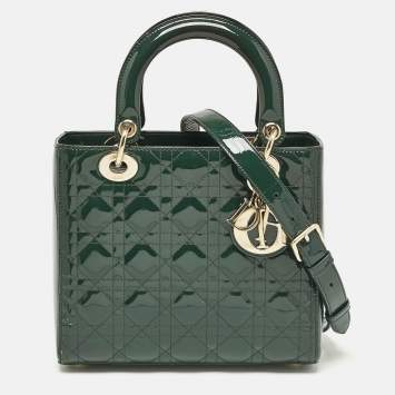 Pre Owned Dior Green Cannage Patent Leather Medium Lady Dior Tote