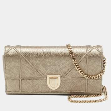 Pre Owned Dior Pale Gold Leather Diorama Wallet on Chain