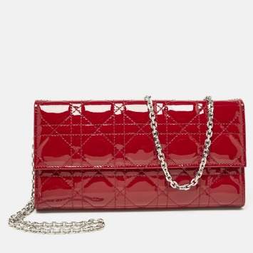 Pre Owned Dior Red Cannage Patent Leather Lady Dior Wallet On Chain