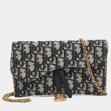 Pre Owned Dior Navy Blue Oblique Canvas and Leather Saddle Wallet on Chain