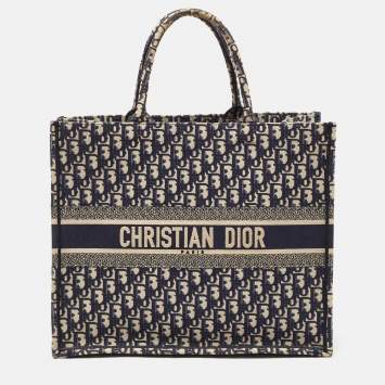Pre Owned Dior Navy Blue Oblique Embroidered Canvas Large Book Tote