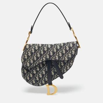 Pre Owned Dior Blue Oblique Canvas and Leather Saddle Bag