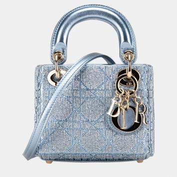 Pre Owned Dior Blue Micro Calfskin Cannage Beaded Lady Dior