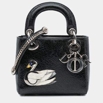 Pre Owned Dior Black Ceramic Effect Deerskin Jeweled Swan Lady Dior Top Handle Bag