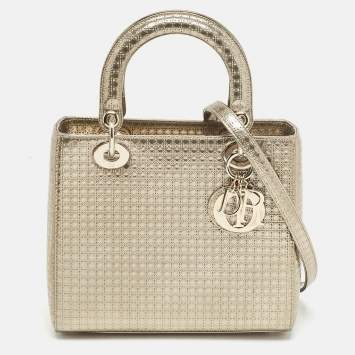 Pre Owned Dior Gold Micro Cannage Patent Leather Medium Lady Dior Tote