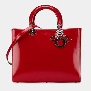 Pre Owned Dior Red Large Patent Lady Dior Bag