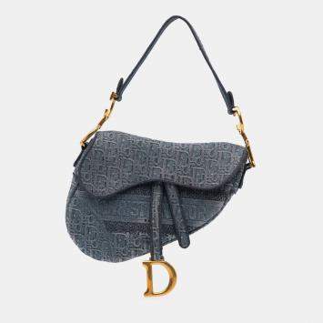 مملوكة مسبقًا Dior Blue Embroidered Oblique Denim Saddle Bag