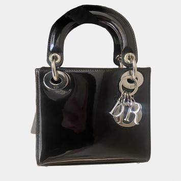 Pre Owned Dior Lady Dior Mini Bag Black & Grey Patent Leather