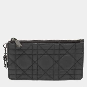 Pre Owned Dior Black Ultra Matte Cannage Leather Lady Dior Zip Card Holder