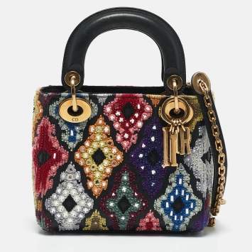 Pre Owned Dior Multicolor Leather Mini Embroidered Beads Lady Dior Tote