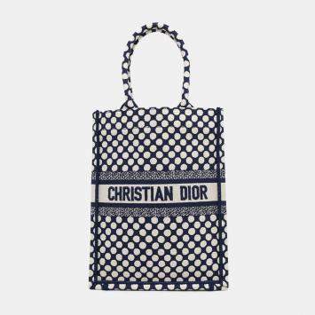 Pre Owned Dior White Navy Canvas Vertical Book Tote Dot Bag