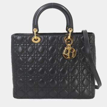 Dior Black Leather Lady Dior Large Tote Bag 