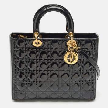 Pre Owned Dior Black Cannage Patent Leather Large Lady Dior Tote