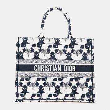 Pre Owned Dior Blue Canvas Embroidered Lucky Star Book Large Tote