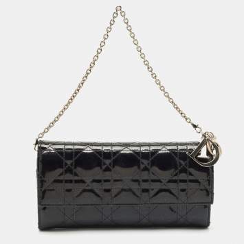 Pre Owned Dior Black Cannage Patent Leather Lady Dior Wallet On Chain