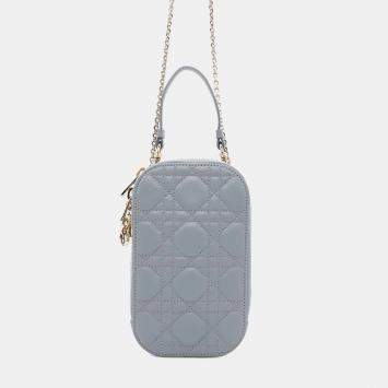 Pre Owned Dior Cloud Blue Lambskin Cannage Lady Dior Phone Holder Shoulder Bag