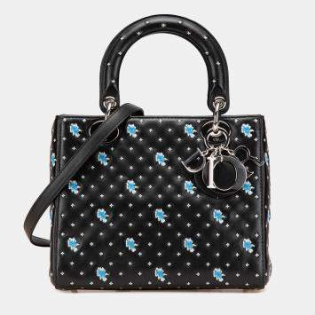Pre Owned Dior Black Medium Calfskin Embroidered Flower Lady Dior