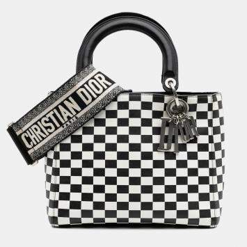 Pre Owned Dior Black/White Medium Calfskin Checkered Lady Dior