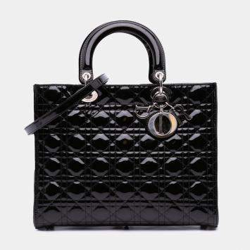 Pre Owned Dior Black Large Patent Cannage Lady Dior