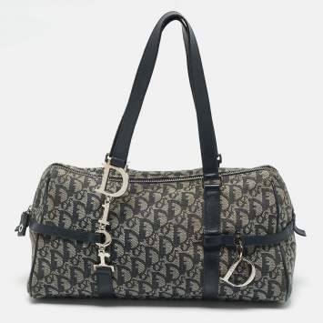 Pre Owned Dior Navy Blue Oblique Canvas and Leather Charms Boston Bag