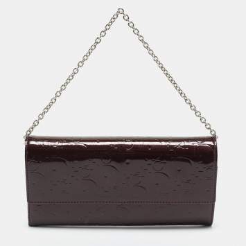 Pre Owned Dior Burgundy Oblique Patent Leather Wallet On Chain