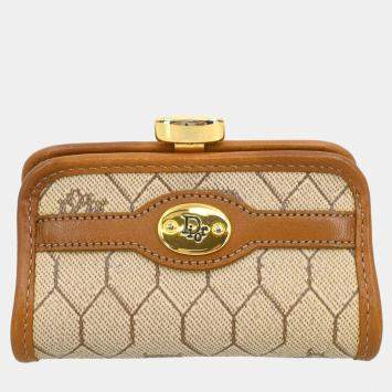 Pre Owned Christian Dior Beige/Brown Honeycomb Pattern Coin Case Wallet