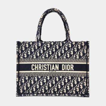 Pre Owned Dior Beige Navy Blue Fabric Oblique Book Tote Bag