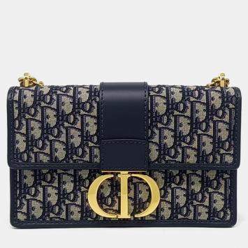 Dior Navy Blue Calf Leather Fabric Oblique 30 Montaigne Bag
