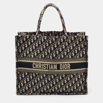 Pre Owned Dior Blue Oblique Embroidered Canvas Large Book Tote