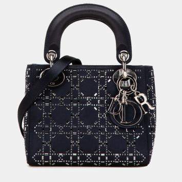 Pre Owned Dior Navy Blue Mini Satin Cannage Strass Crystal Embellished Lady Dior
