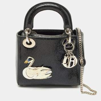 Dior Black Crackled Leather Mini Jeweled Swan Lady Dior Tote