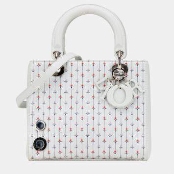 Pre Owned Dior White Medium Calfskin Embroidered Flower Lady Dior