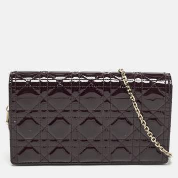 Pre Owned Dior Burgundy Cannage Patent Leather Lady Dior Pouch with Chain