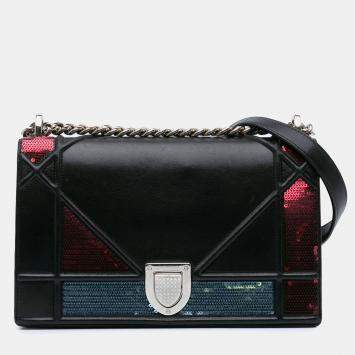 Pre Owned Dior Black Medium Lambskin Sequin Diorama Flap Shoulder Bag