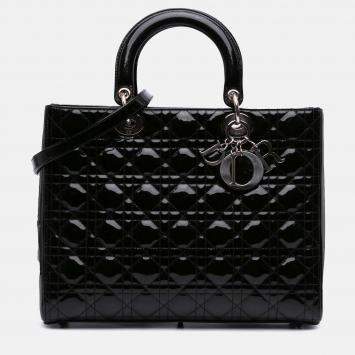 Pre Owned Dior Black Large Patent Cannage Lady Dior
